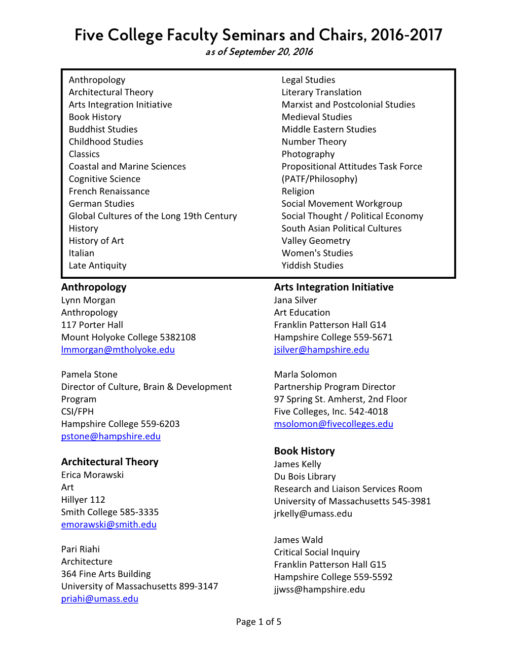 Five College Faculty Seminars and Chairs, 2016-17