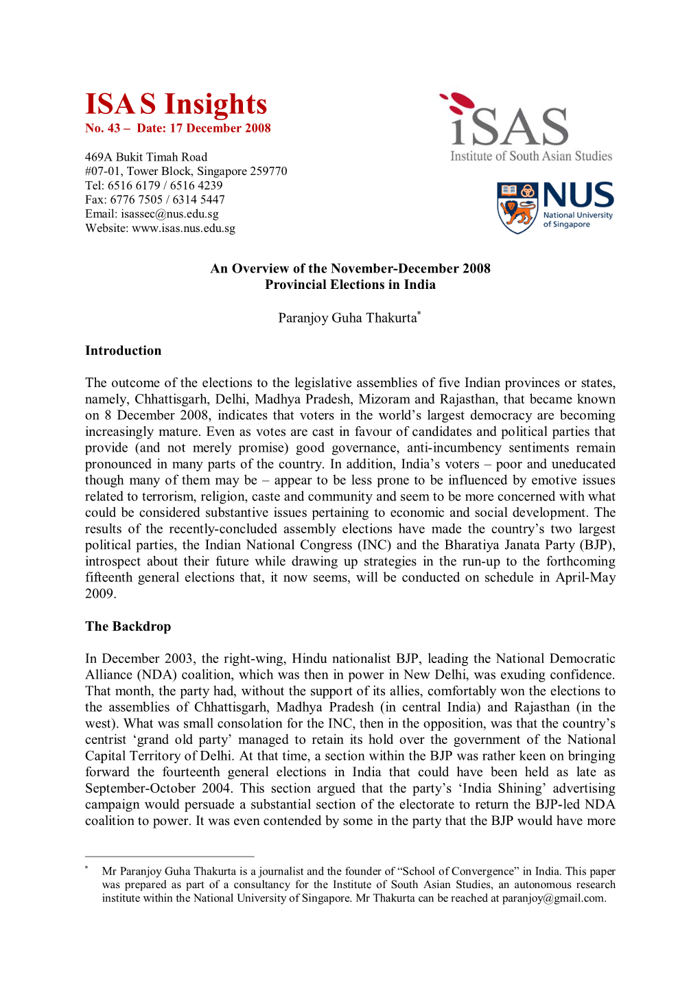 An Overview of the November-December 2008 Provincial Elections in India