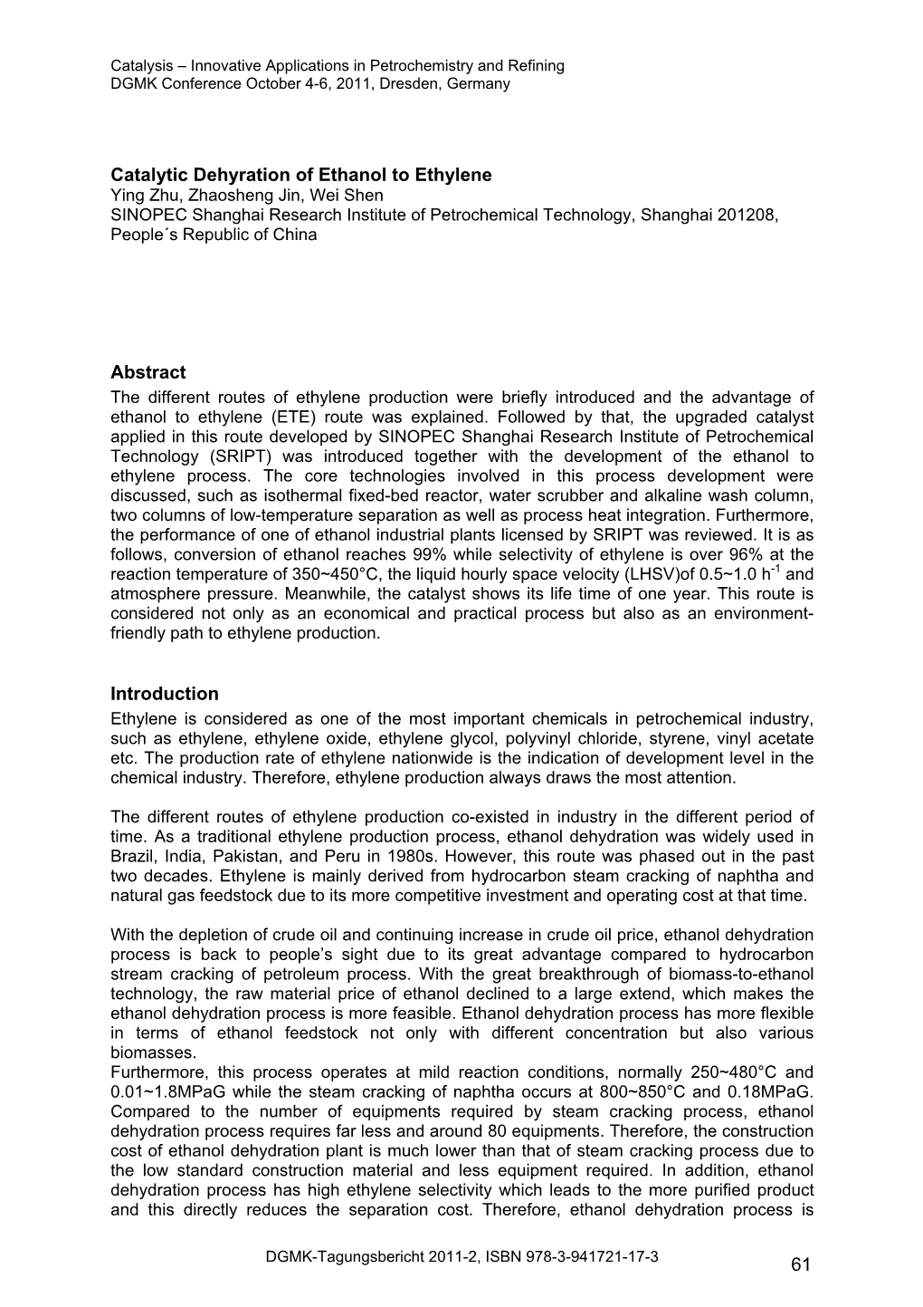 Catalytic Dehyration of Ethanol to Ethylene Abstract Introduction 61