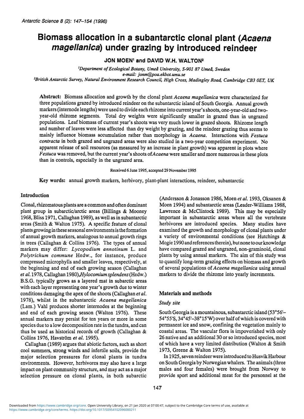 Biomass Allocation in a Subantarctic Clonal Plant (Acaena Magellanica) U Nd E R Grazi N G by Introduced Rei N Dee R