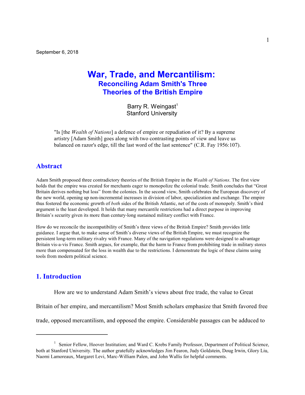 War, Trade, and Mercantilism: Reconciling Adam Smith's Three Theories of the British Empire