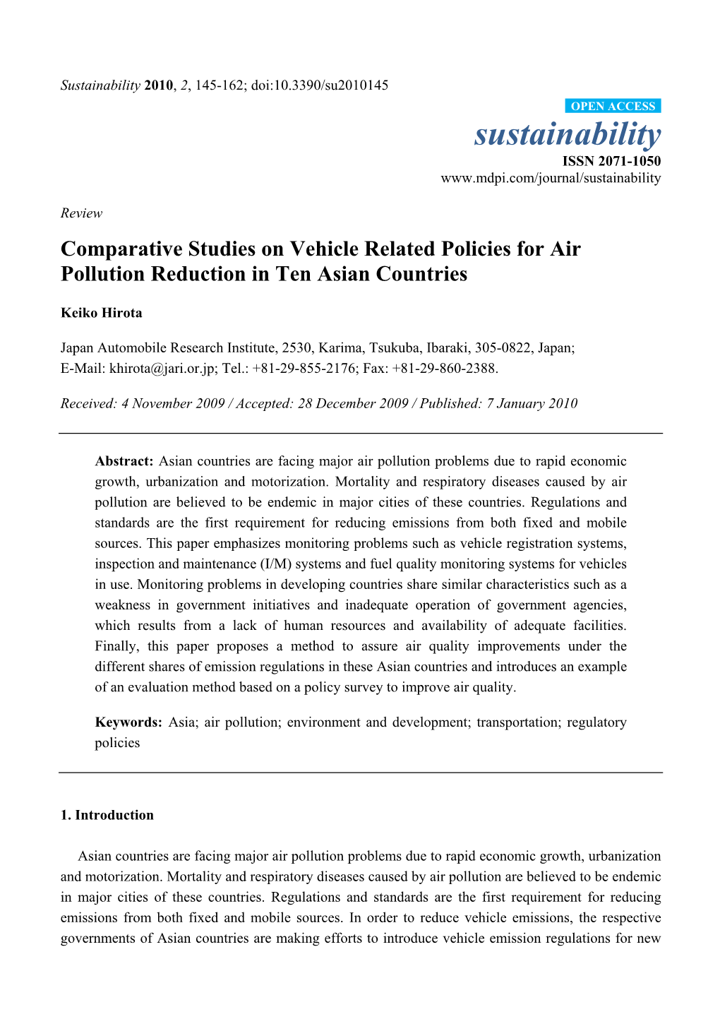 Comparative Studies on Vehicle Related Policies for Air Pollution Reduction in Ten Asian Countries