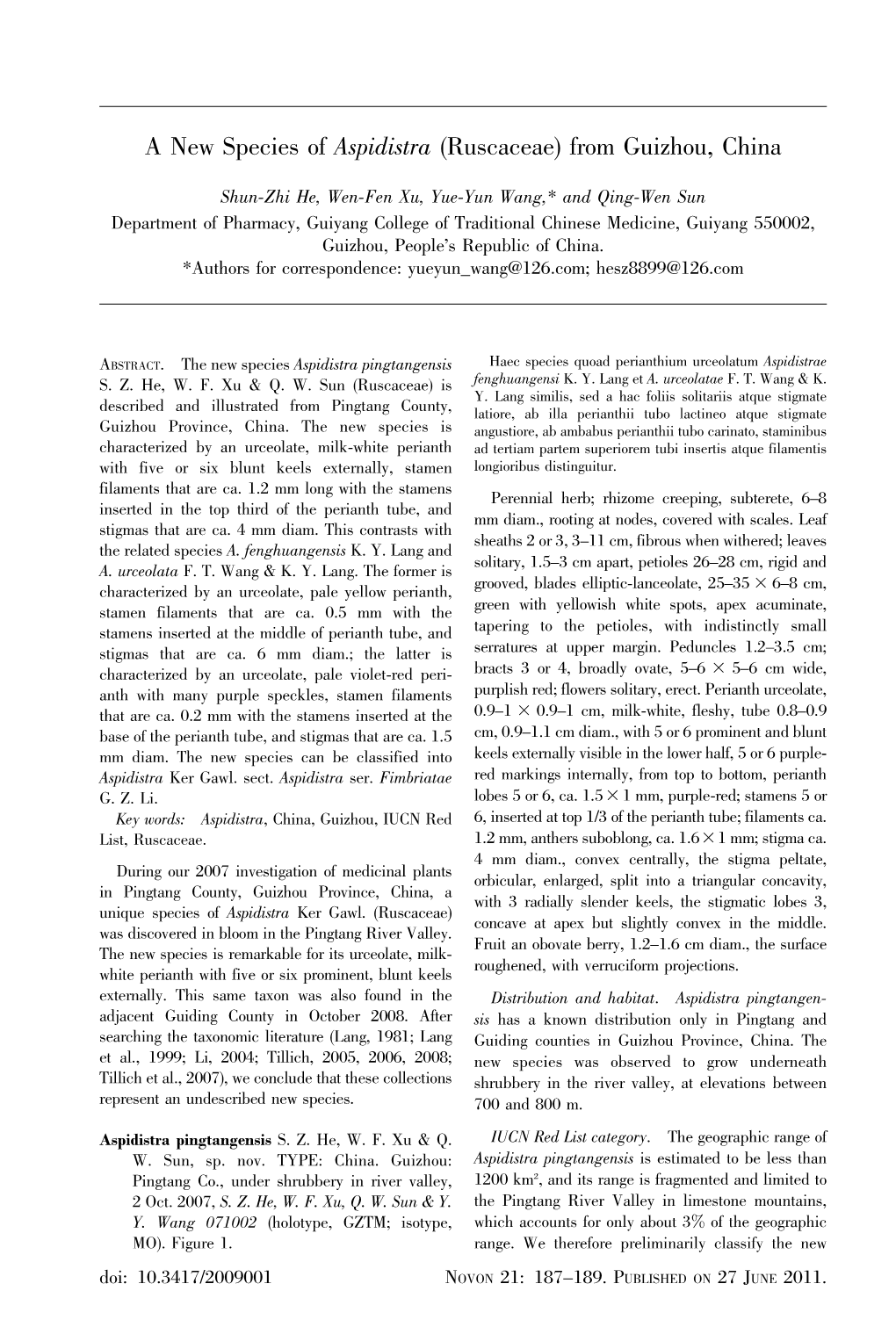 A New Species of Aspidistra (Ruscaceae) from Guizhou, China