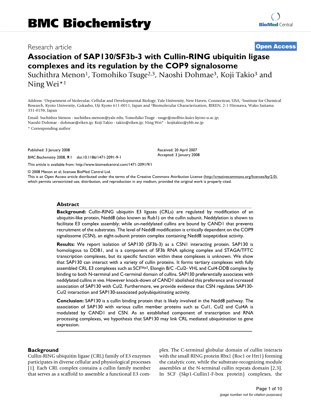 Association of SAP130/Sf3b-3 with Cullin-RING Ubiquitin Ligase
