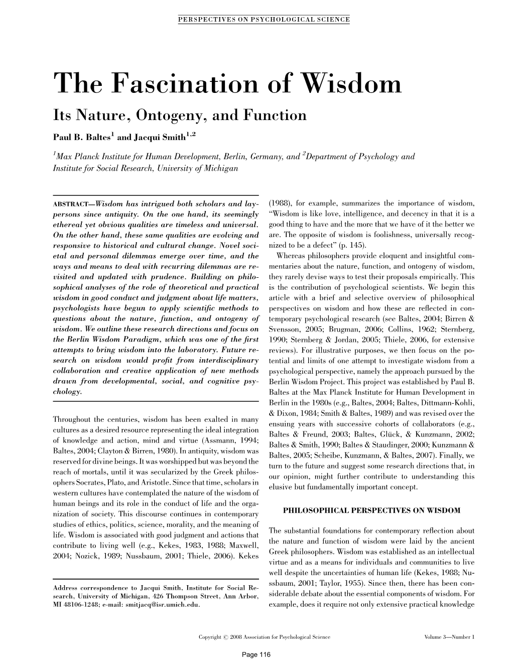 The Fascination of Wisdom Its Nature, Ontogeny, and Function Paul B