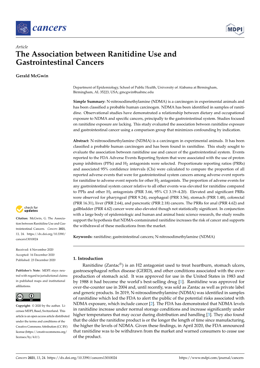 The Association Between Ranitidine Use and Gastrointestinal Cancers