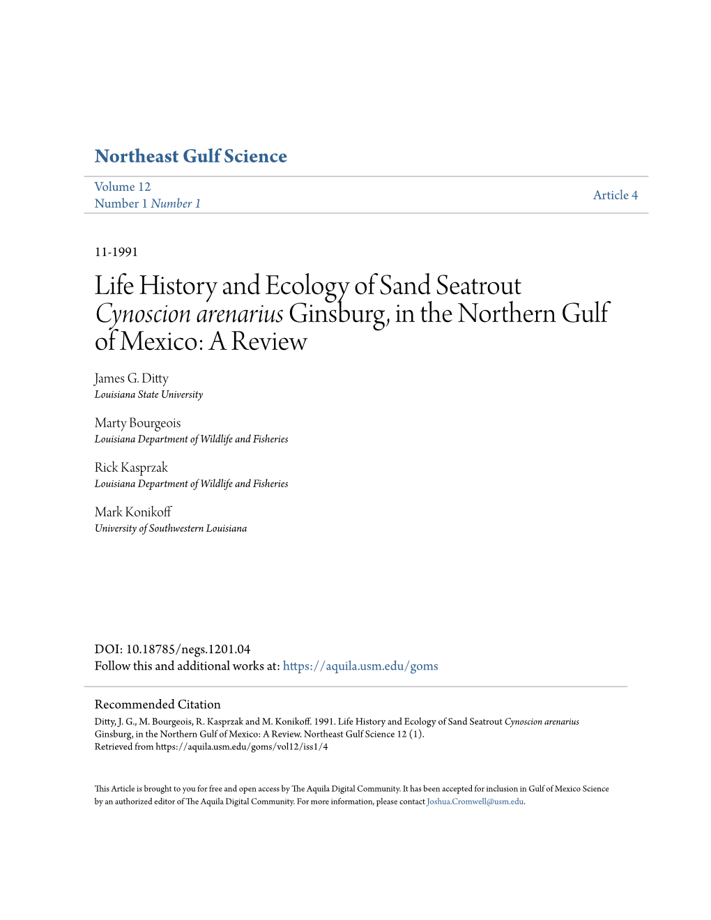 Life History and Ecology of Sand Seatrout Cynoscion Arenarius Ginsburg, in the Northern Gulf of Mexico: a Review James G