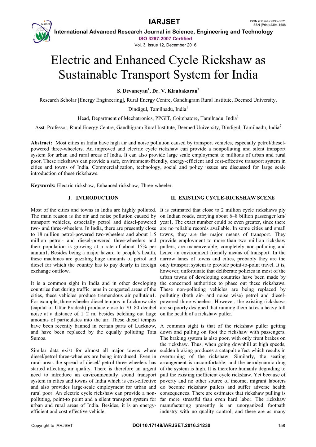 Electric and Enhanced Cycle Rickshaw As Sustainable Transport System for India