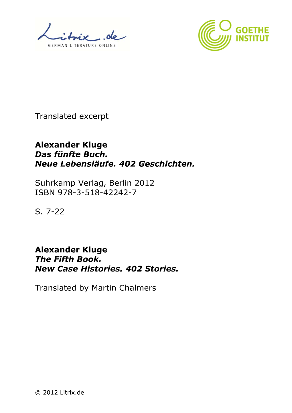 Translated Excerpt Alexander Kluge Das Fünfte Buch. Neue