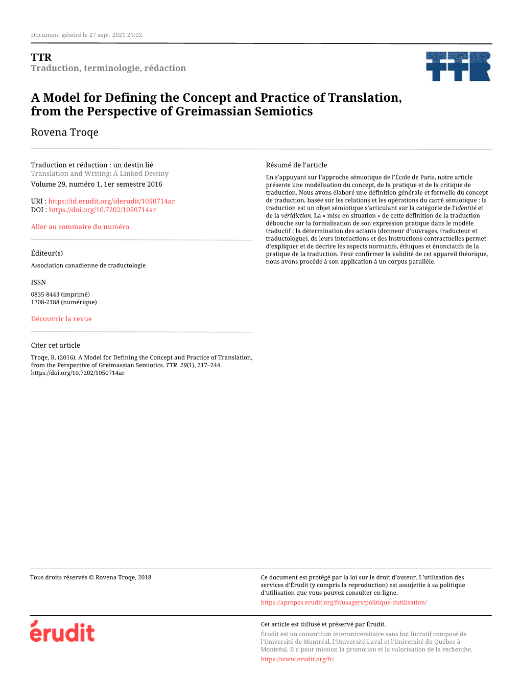 A Model for Defining the Concept and Practice of Translation, from the Perspective of Greimassian Semiotics Rovena Troqe