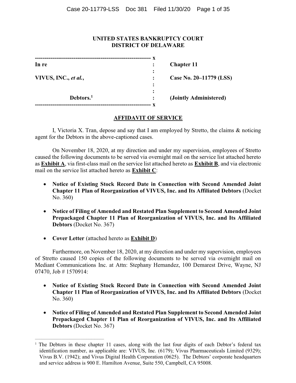 Case 20-11779-LSS Doc 381 Filed 11/30/20 Page 1 of 35