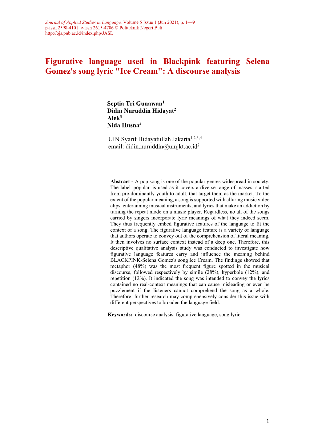 Figurative Language Used in Blackpink Featuring Selena Gomez's Song Lyric "Ice Cream": a Discourse Analysis