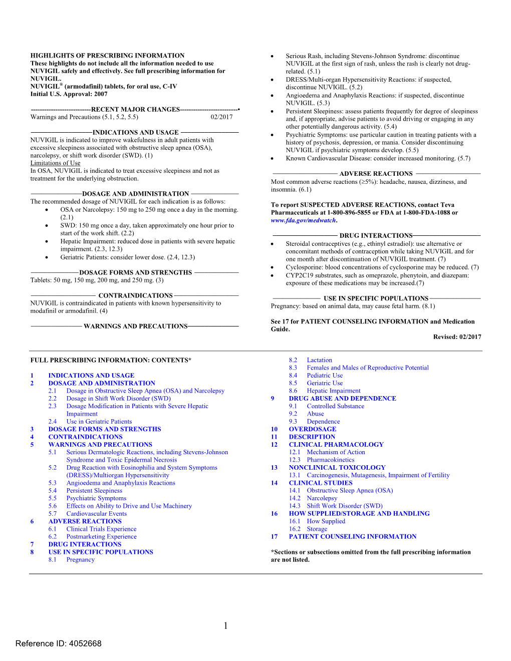 NUVIGIL® (Armodafinil) Tablets, for Oral Use, C-IV Discontinue NUVIGIL