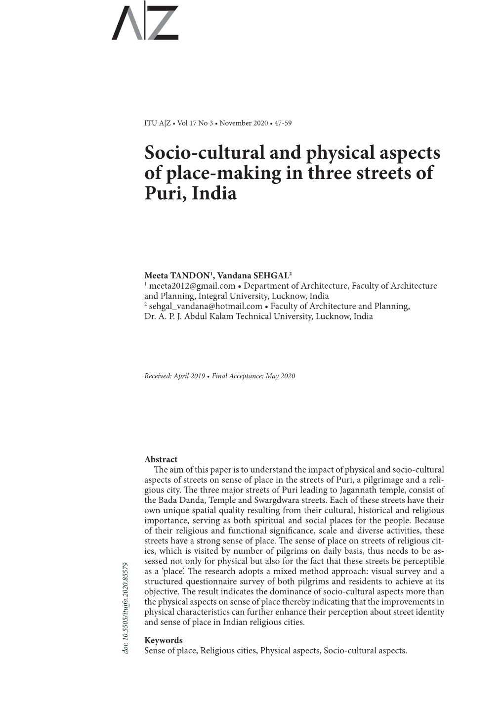 Socio-Cultural and Physical Aspects of Place-Making in Three Streets of Puri, India