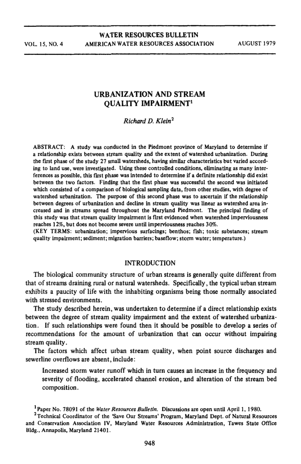 Urbanization and Stream Quality Impairment1