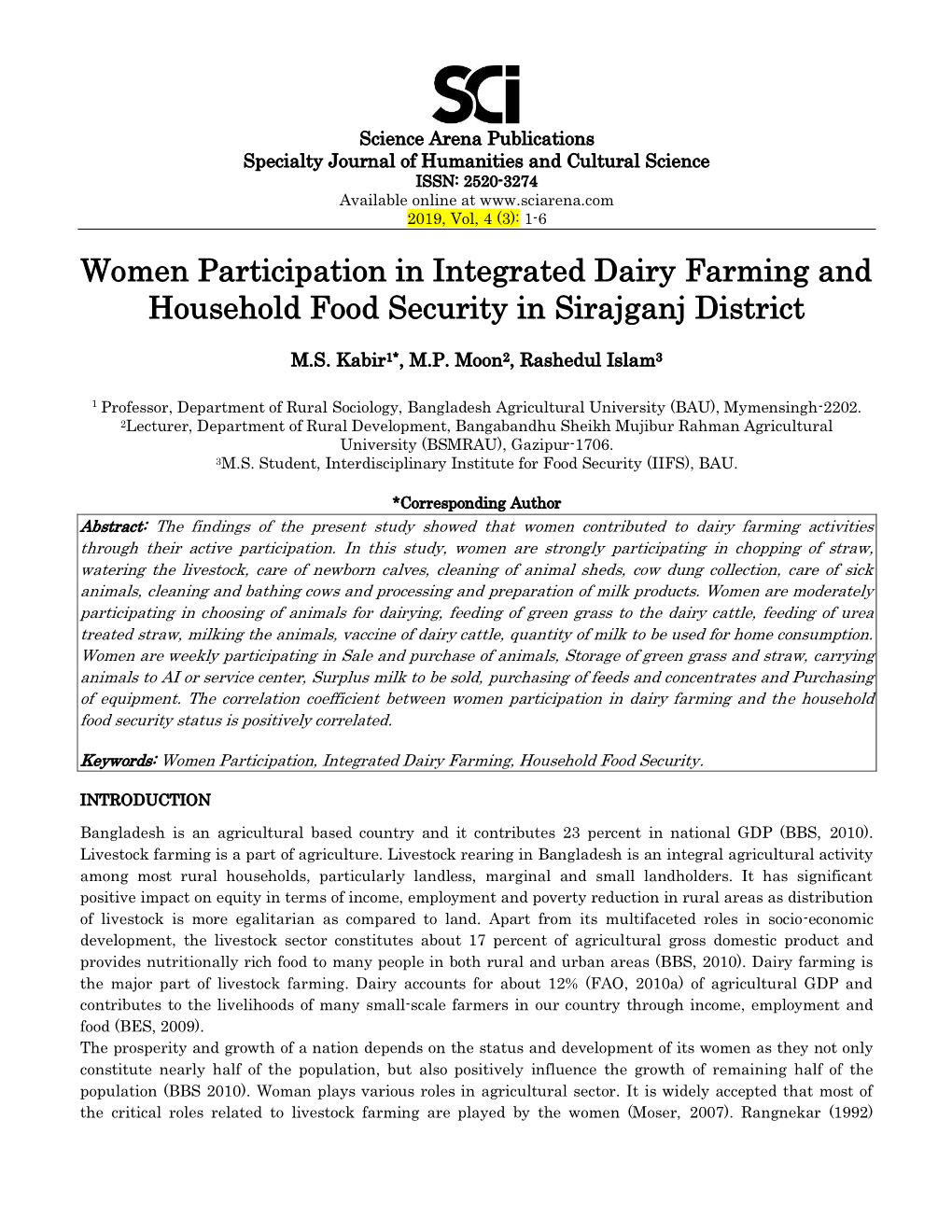 Women Participation in Integrated Dairy Farming and Household Food Security in Sirajganj District