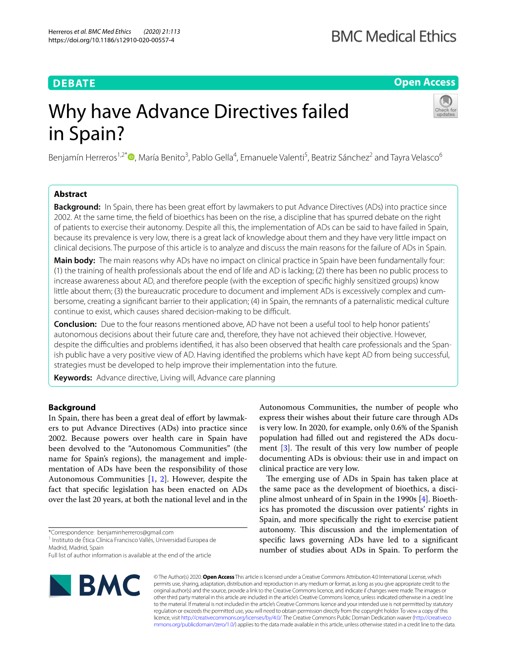 Why Have Advance Directives Failed in Spain? Benjamín Herreros1,2* , María Benito3, Pablo Gella4, Emanuele Valenti5, Beatriz Sánchez2 and Tayra Velasco6