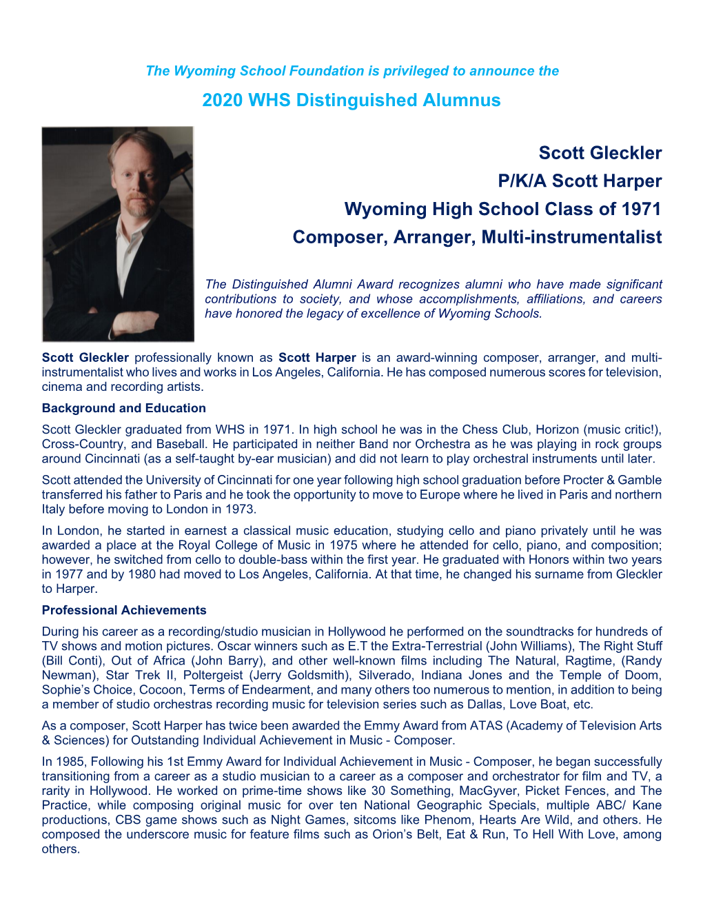 2020 WHS Distinguished Alumnus Scott Gleckler P/K/A Scott Harper