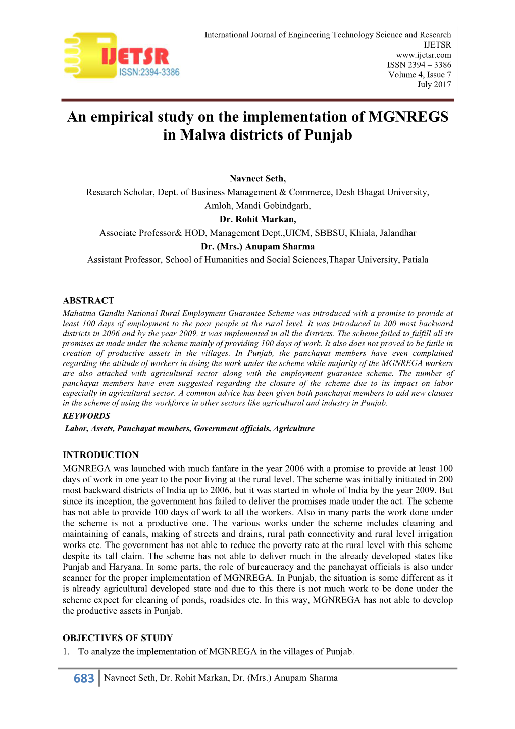 An Empirical Study on the Implementation of MGNREGS in Malwa Districts of Punjab