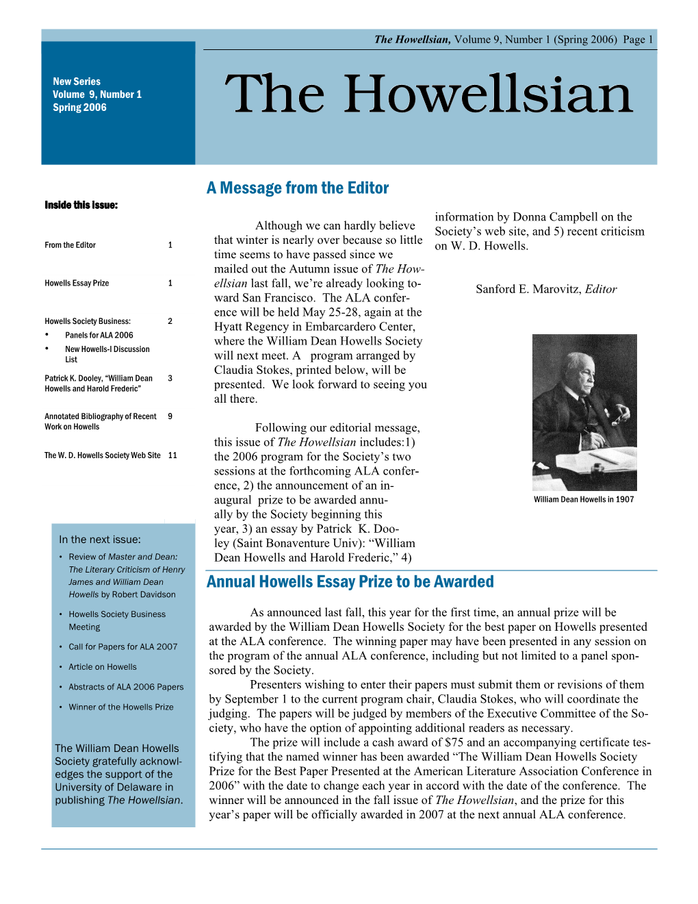 The Howellsian, Volume 9, Number 1 (Spring 2006) Page 1