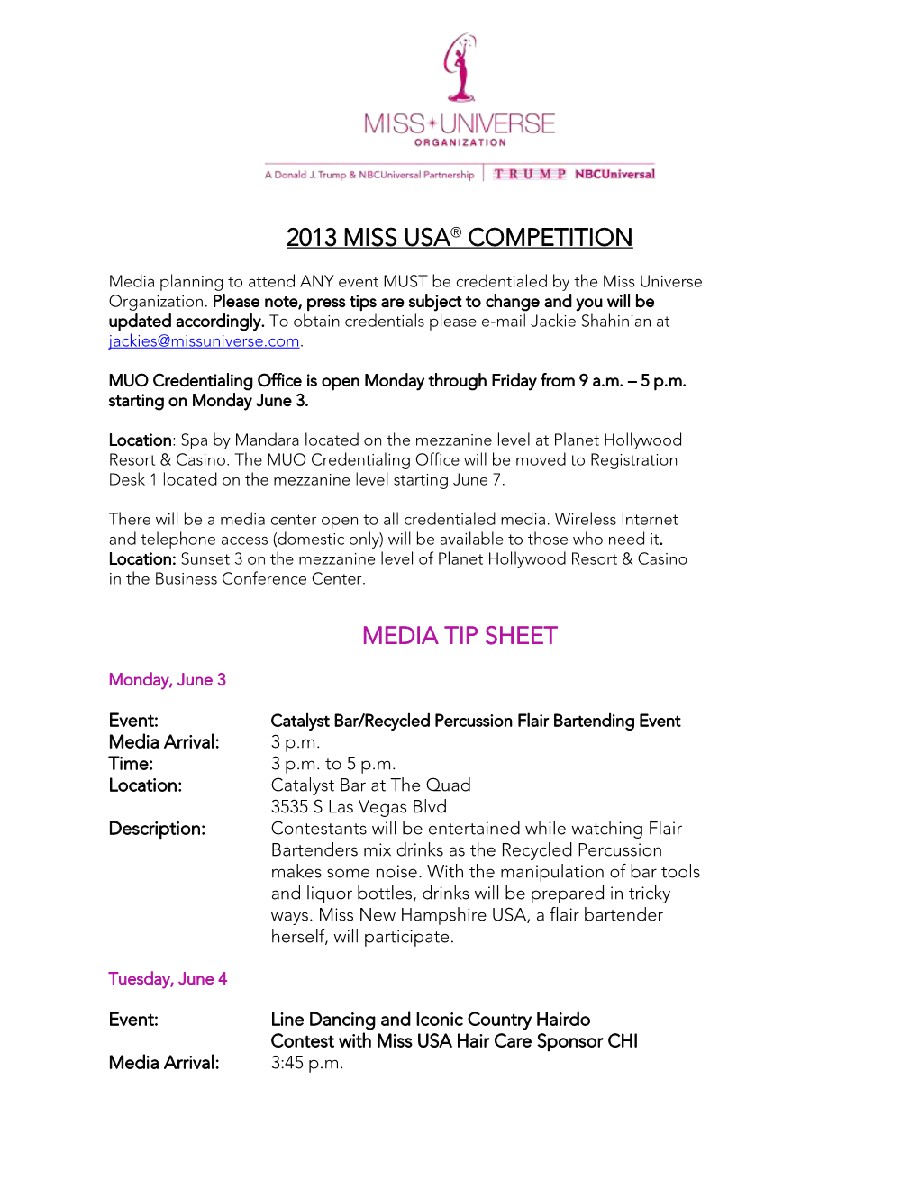 2013 Miss Usa® Competition Media Tip Sheet