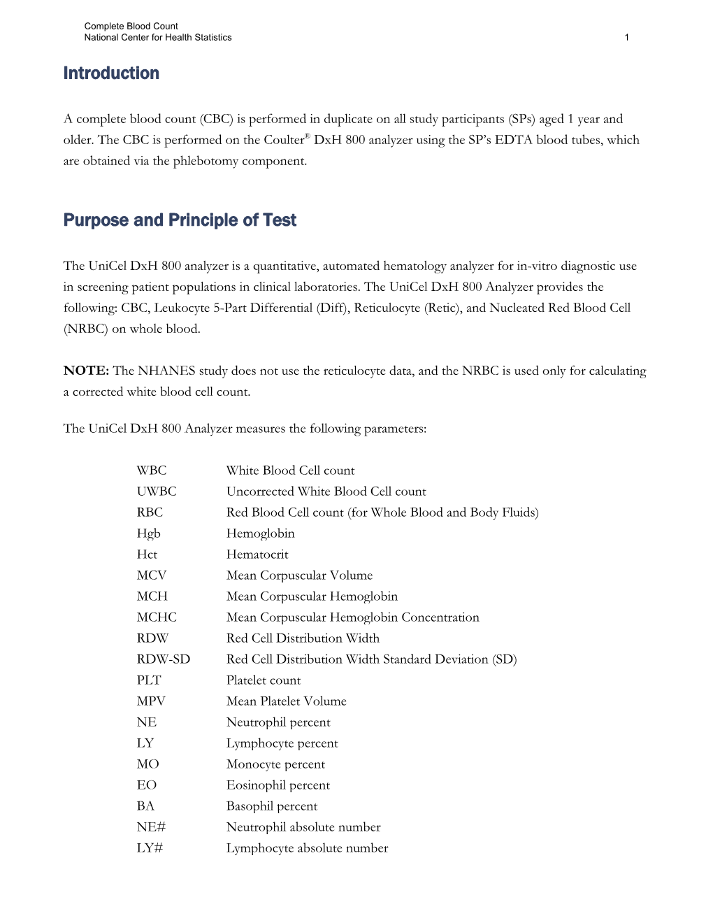 Complete Blood Count National Center for Health Statistics 1