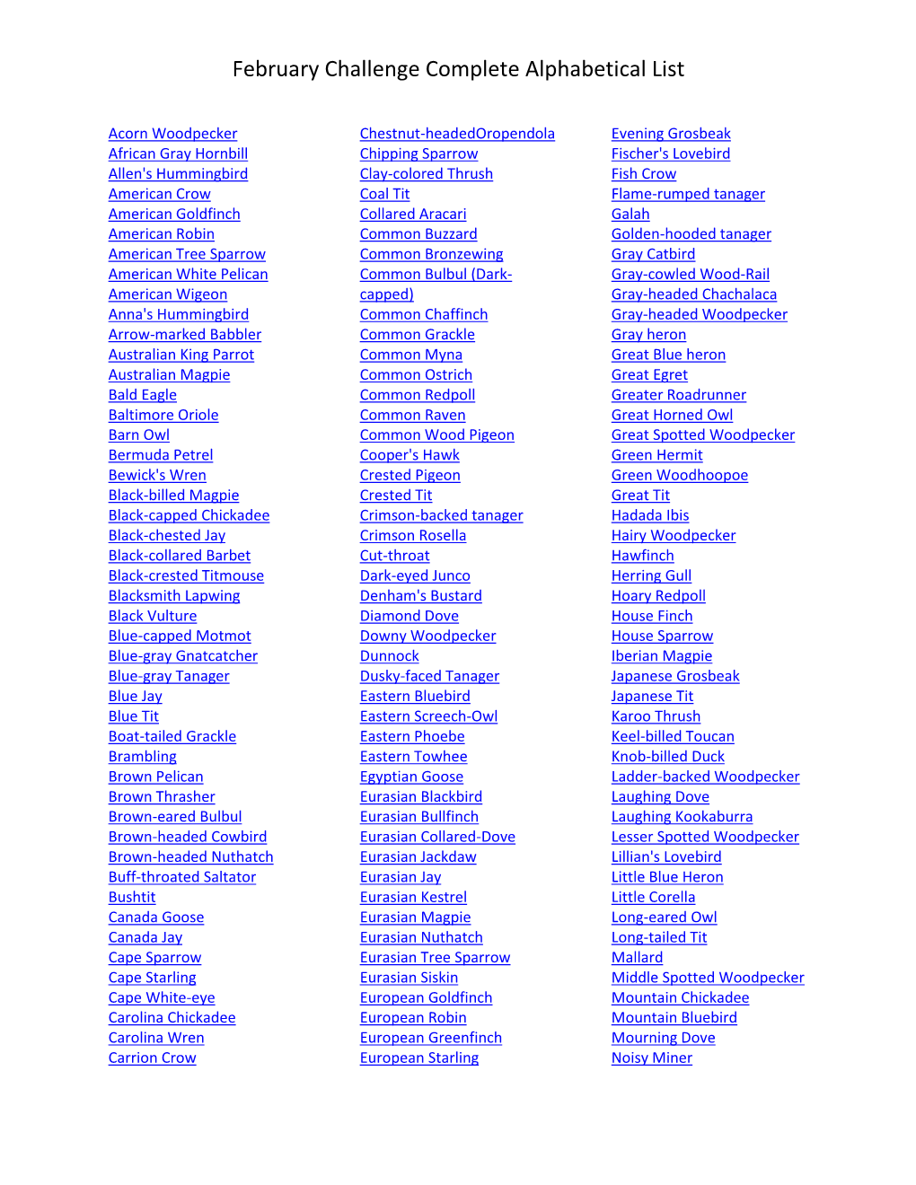 February Challenge Complete Alphabetical List