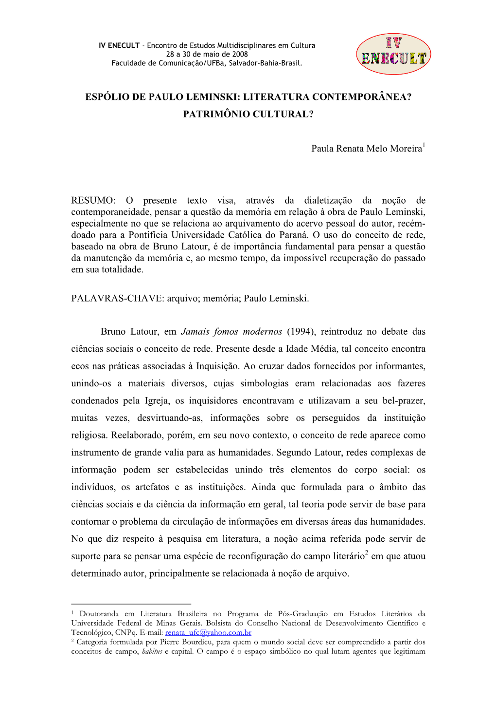 Espólio De Paulo Leminski: Literatura Contemporânea? Patrimônio Cultural?