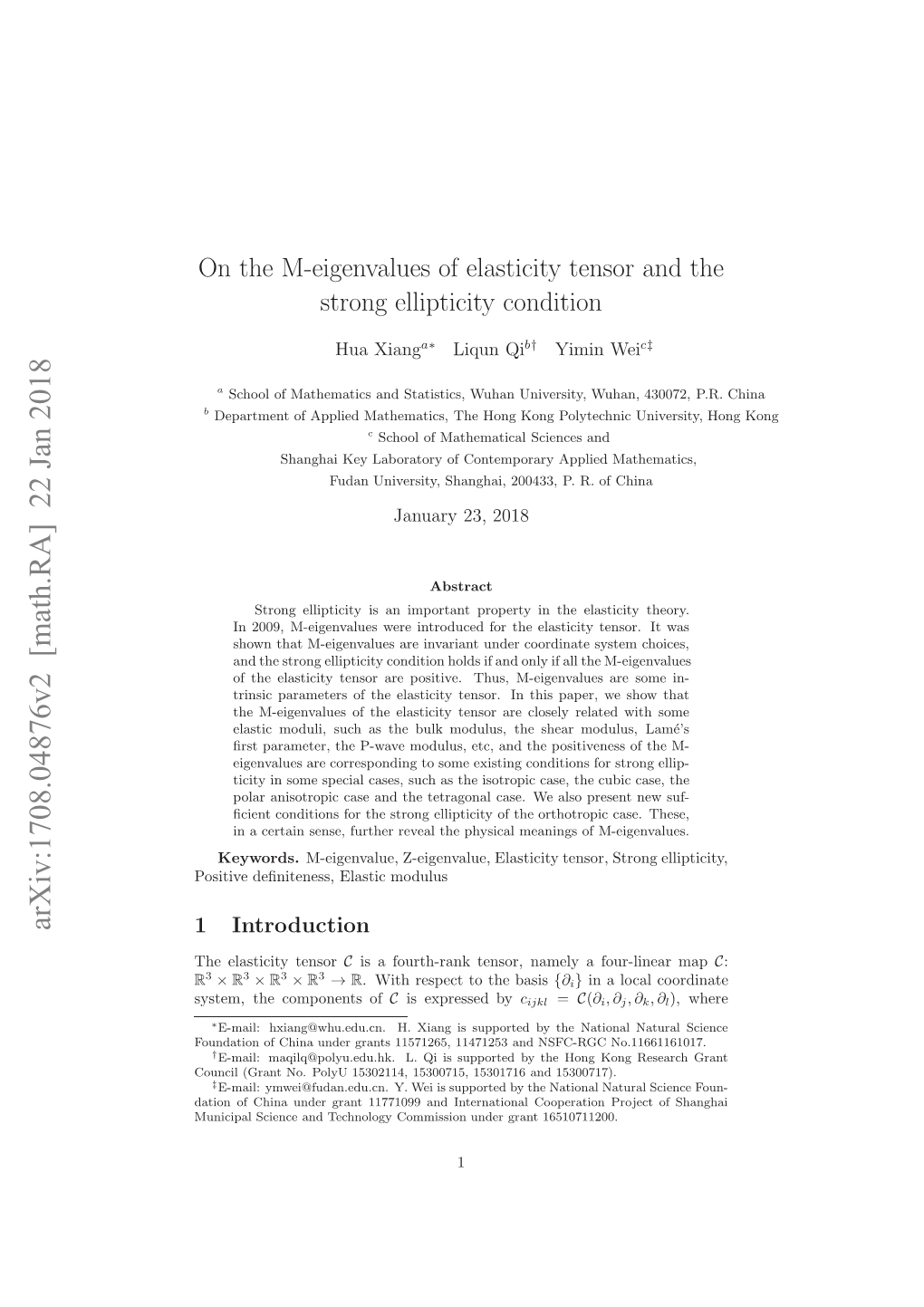 On the M-Eigenvalues of Elasticity Tensor and the Strong Ellipticity
