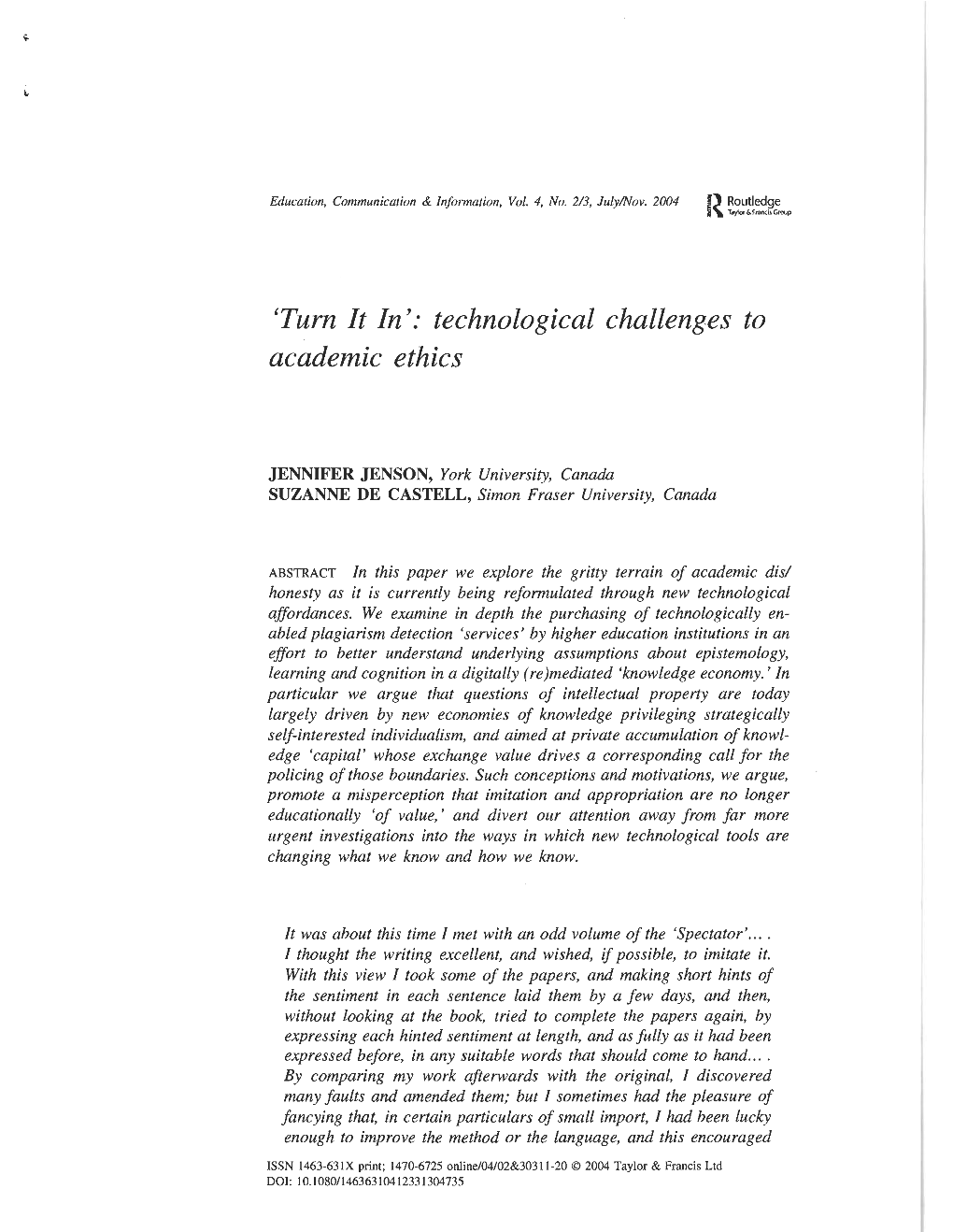 Turn It In': Technologicalchalleng.Es to Academic Ethics