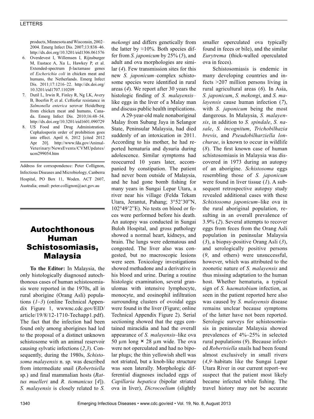 Autochthonous Human Schistosomiasis, Malaysia