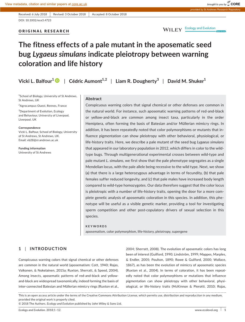 The Fitness Effects of a Pale Mutant in the Aposematic Seed Bug Lygaeus Simulans Indicate Pleiotropy Between Warning Coloration and Life History