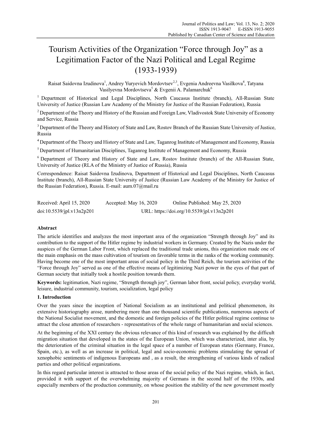 As a Legitimation Factor of the Nazi Political and Legal Regime (1933-1939)