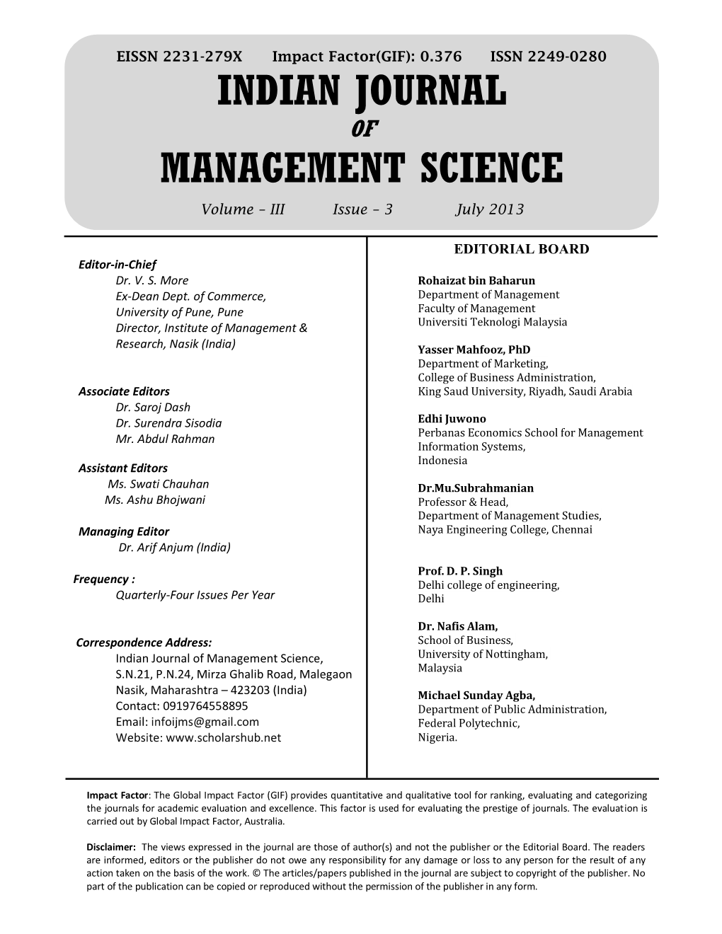 Indian Journal Management Science