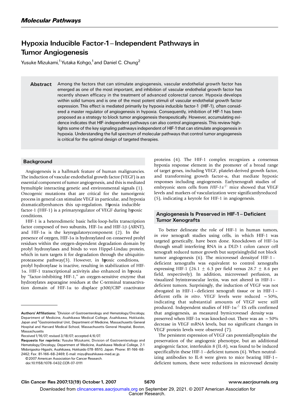 Hypoxia Inducible Factor-1^ Independent Pathways in Tumor Angiogenesis Yusuke Mizukami,1Yut Aka Kohgo,1And Daniel C