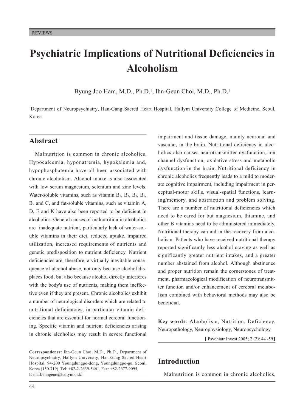 Psychiatric Implications of Nutritional Deficiencies in Alcoholism