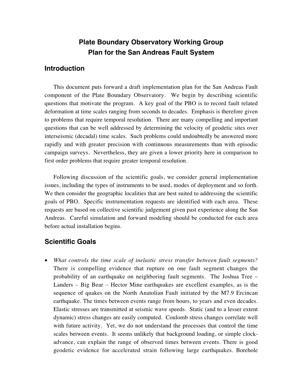 Plate Boundary Observatory Working Group Plan for the San Andreas Fault System