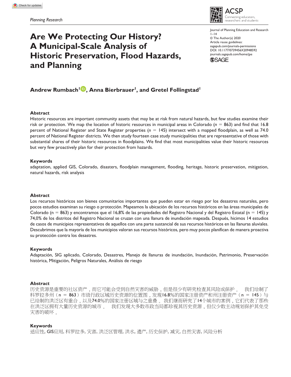 Are We Protecting Our History? a Municipal-Scale Analysis of Historic Preservation, Flood Hazards, and Planning