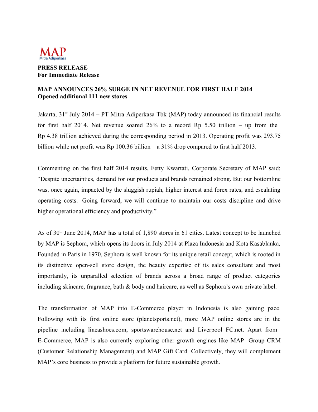 Map Announces 26% Surge in Net Revenue for First Half 2014