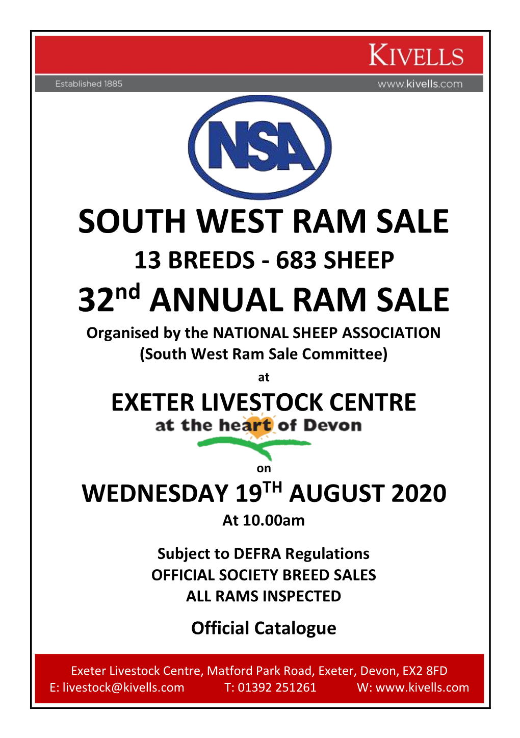 SOUTH WEST RAM SALE 13 BREEDS - 683 SHEEP 32Nd ANNUAL RAM SALE Organised by the NATIONAL SHEEP ASSOCIATION (South West Ram Sale Committee)