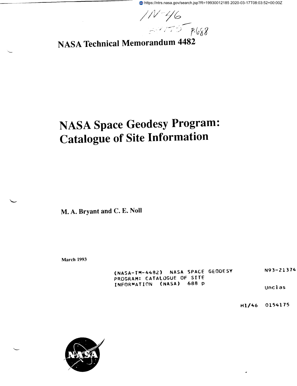 NASA Space Geodesy Program: Catalogue of Site Information