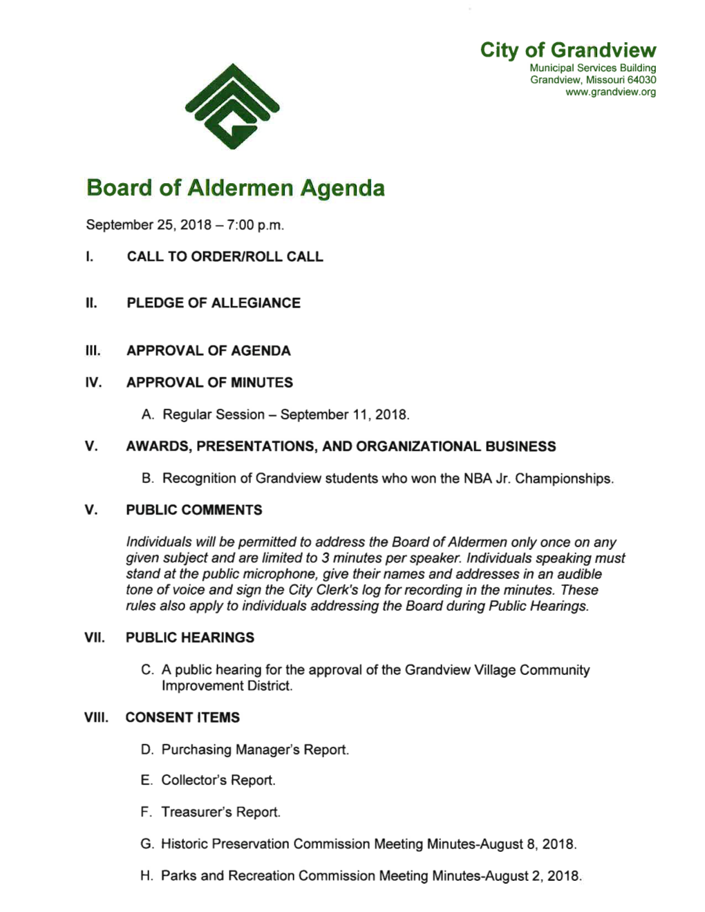 Board of Aldermen Agenda
