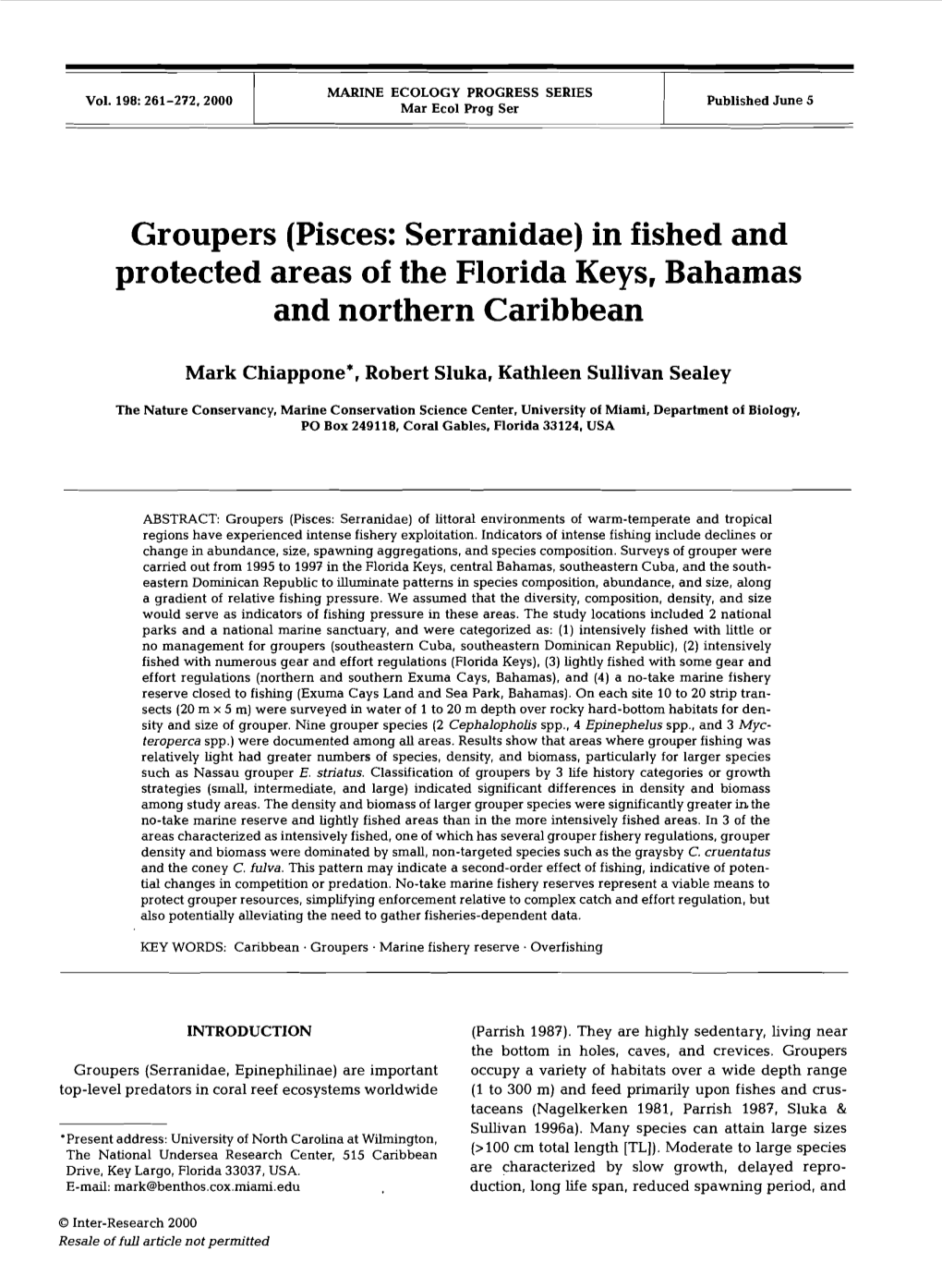 Groupers (Pisces: Serranidae) in Fished and Protected Areas of the Florida Keys, Bahamas and Northern Caribbean