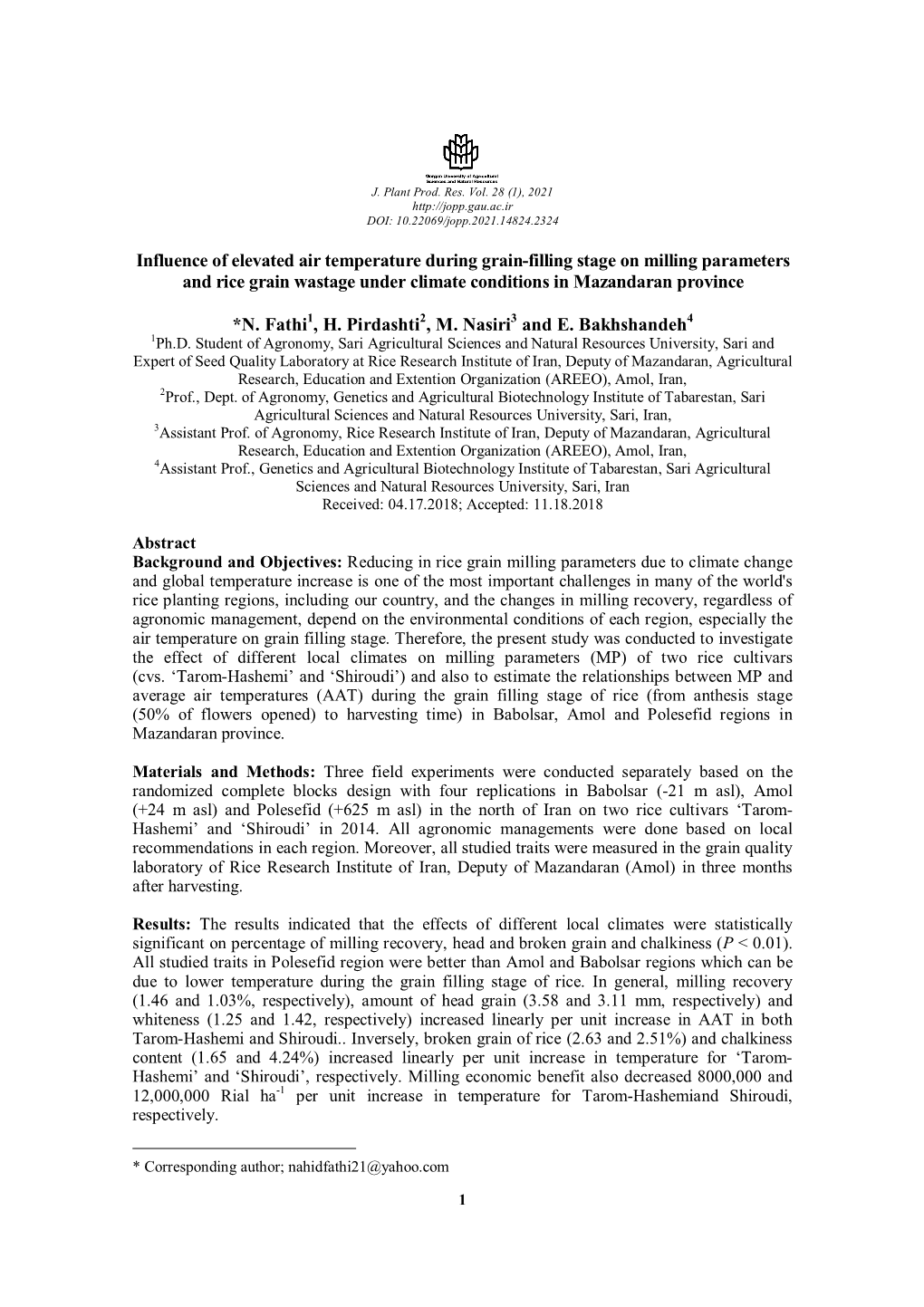 Influence of Elevated Air Temperature During Grain-Filling Stage on Milling Parameters and Rice Grain Wastage Under Climate Conditions in Mazandaran Province