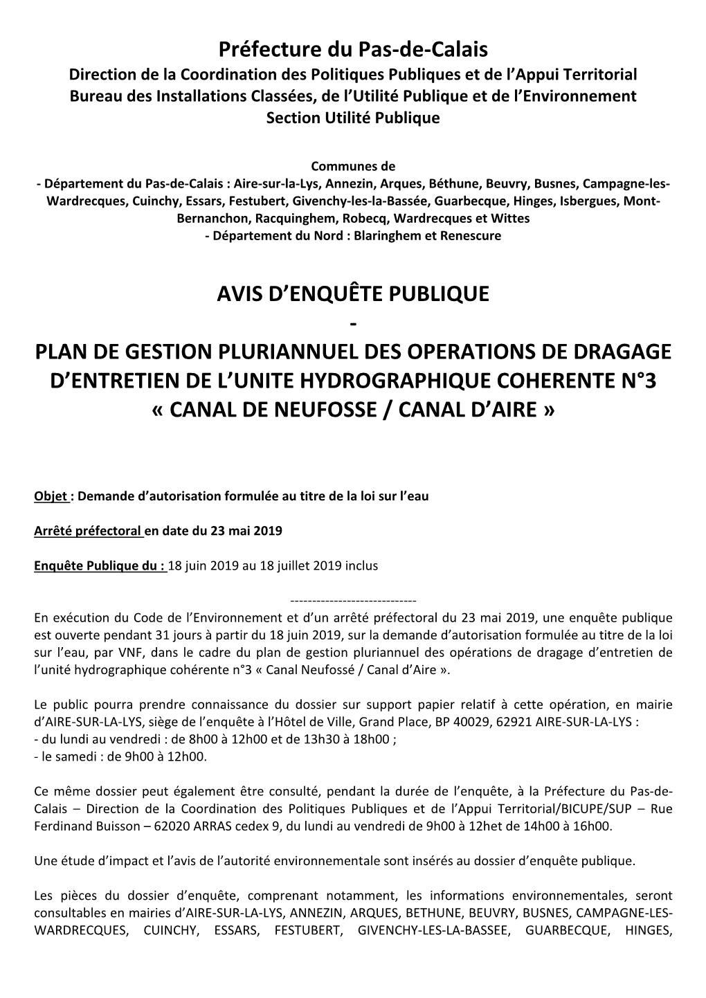 Enquête Publique - Plan De Gestion Pluriannuel Des Operations De Dragage D’Entretien De L’Unite Hydrographique Coherente N°3 « Canal De Neufosse / Canal D’Aire »