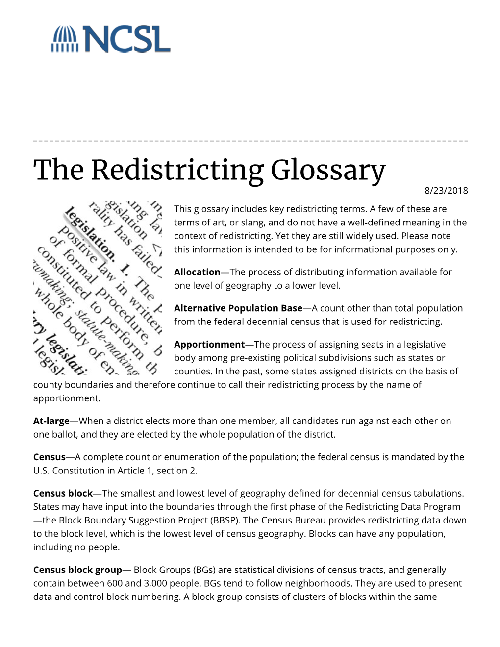 The Redistricting Glossary 8/23/2018 This Glossary Includes Key Redistricting Terms