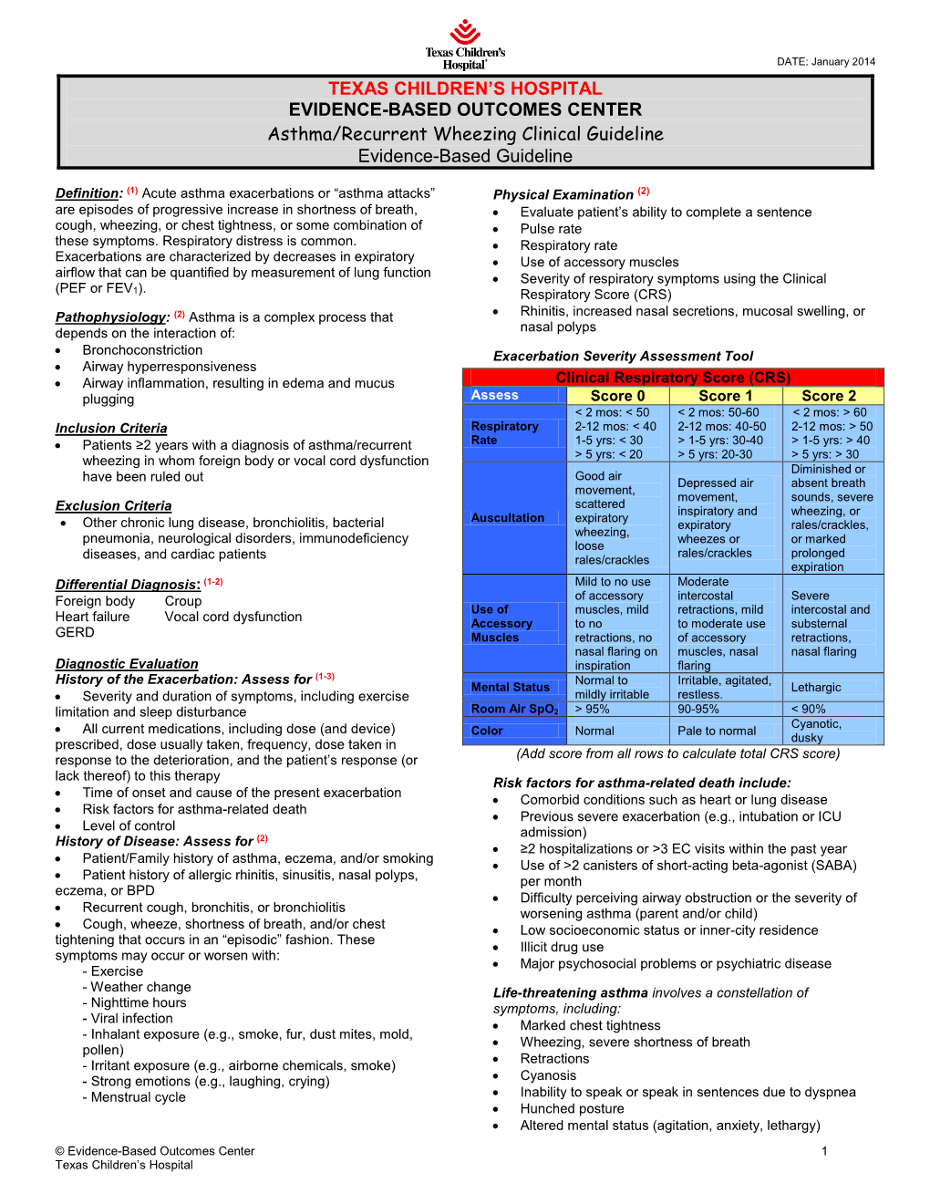 EVIDENCE-BASED OUTCOMES CENTER Asthma/Recurrent Wheezing Clinical Guideline Evidence-Based Guideline