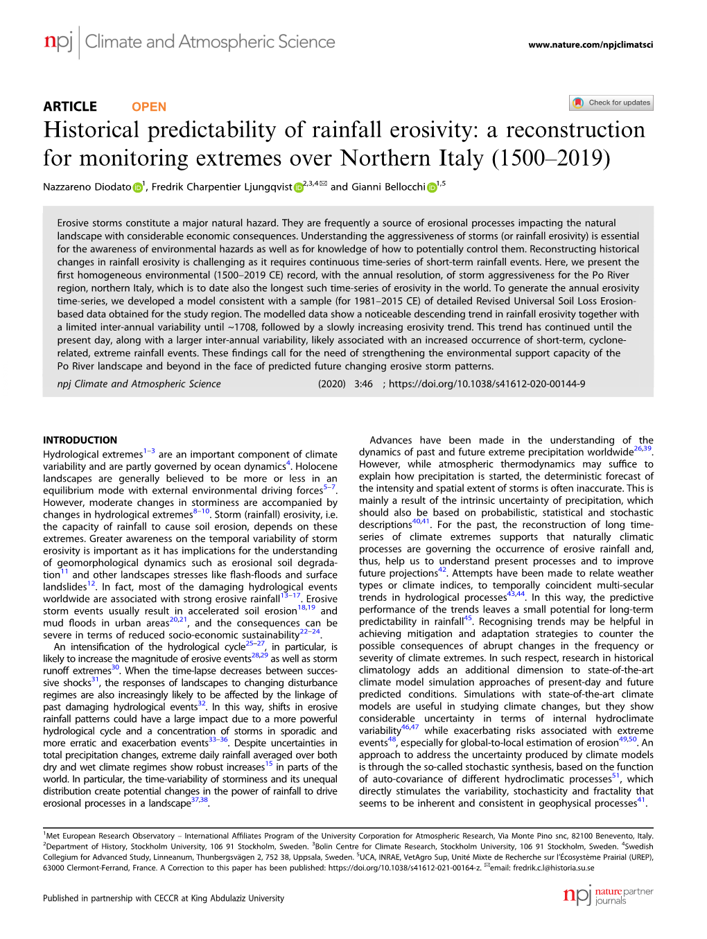 Historical Predictability of Rainfall Erosivity: a Reconstruction for Monitoring Extremes Over Northern Italy (1500–2019)