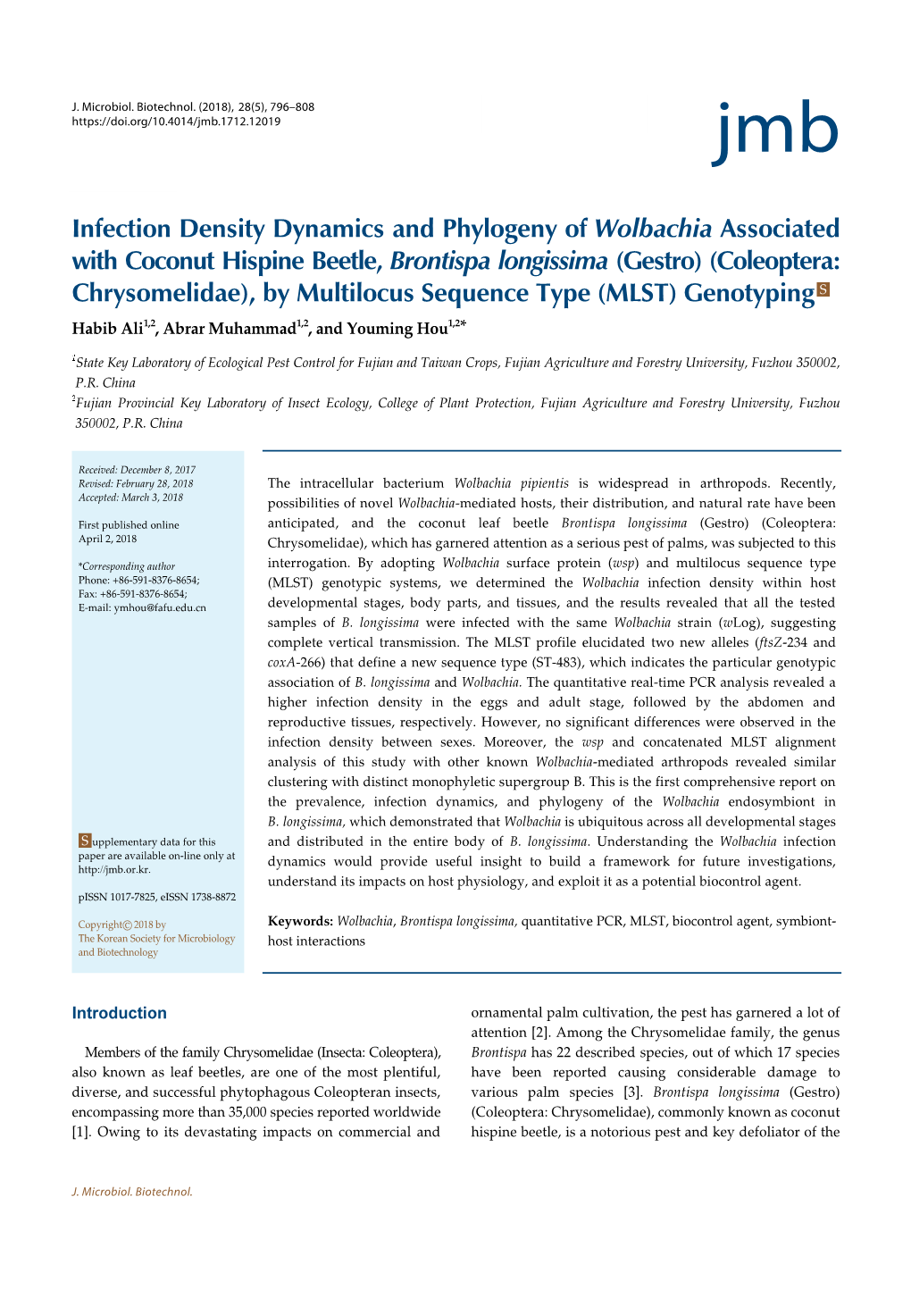 Infection Density Dynamics and Phylogeny of Wolbachia Associated with Coconut Hispine Beetle, Brontispa Longissima