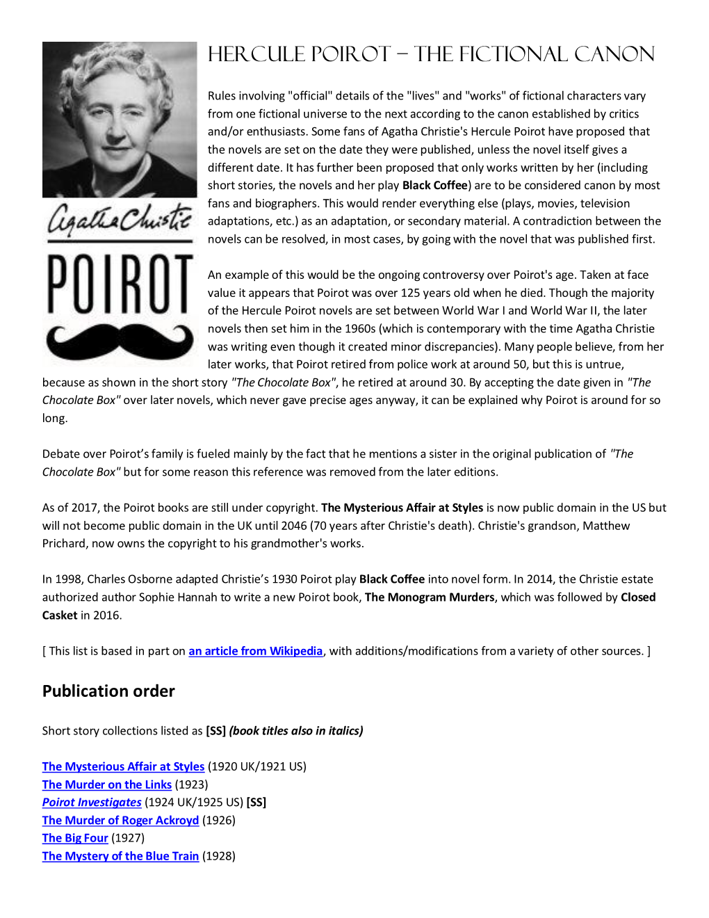 Hercule Poirot – the Fictional Canon